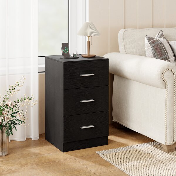 Costway Comodino stazione ricarica moderno 3 cassetti porta usb, Tavolino salotto 2 kit anti-ribaltamento soggiorno camera letto Nero