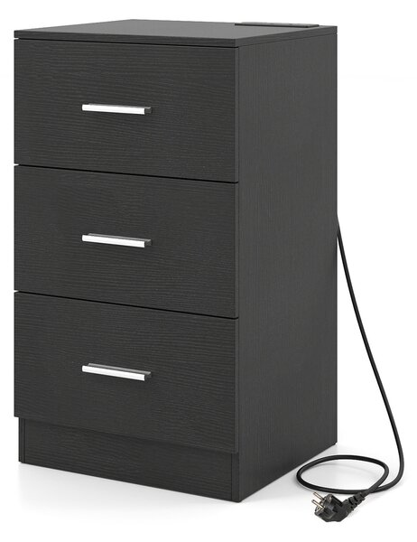 Costway Comodino stazione ricarica moderno 3 cassetti porta usb, Tavolino salotto 2 kit anti-ribaltamento soggiorno camera letto Nero