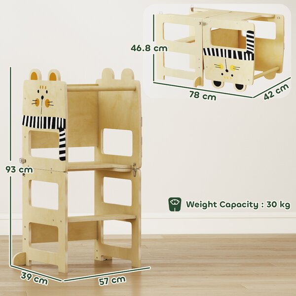 AIYAPLAY Torre di Apprendimento 3 in 1 Pieghevole Convertibile in Scrivania e Sedia con Lavagna Disegni di Gatti Naturale | Aosom Italy