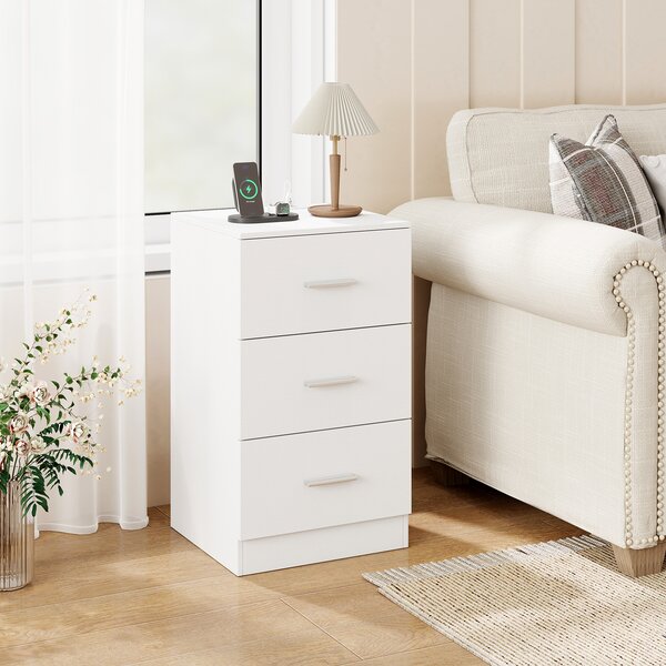 Costway Comodino stazione ricarica moderno 3 cassetti porta usb, Tavolino salotto 2 kit anti-ribaltamento soggiorno camera letto Bianco