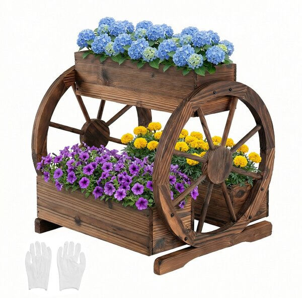 Costway Fioriera carro legno rustico 2 livelli 3 scatole fori drenaggio ruote, Fioriera decorativa fiori interni esterni patio balcone