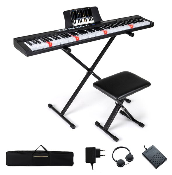 Costway Tastiera pianoforte elettrico 88 tasti digitale supporto sgabello regolabili, Tastiera sensibile tasti pulsanti illuminati funzione midi pedale sustain cuffie Nero