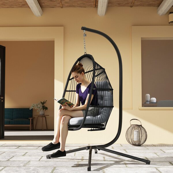 Outsunny Sedia Sospesa a Uovo con Supporto con Cesto Pieghevole Cuscino e Poggiatesta per Interno ed Esterno Carico 150 kg Grigio | Aosom Italy