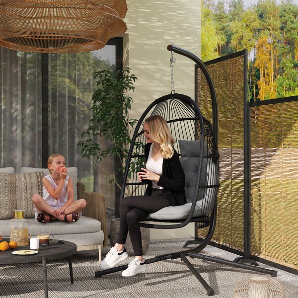 Outsunny Sedia Sospesa a Uovo con Supporto con Cesto Pieghevole Cuscino e Poggiatesta per Interno ed Esterno Carico 150 kg Grigio | Aosom Italy