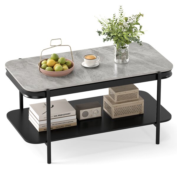 Costway Tavolino caffè rettangolare moderno 2 livelli pietra sinterizzata ripiano portaoggetti metallo robusto, Tavolino centrale soggiorno design funzionale