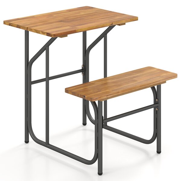 Costway Set tavolo panca patio picnic seduta laterale legno acacia gambe metallo, Set mobili pranzo esterno robusti balcone giardino piscina cortile