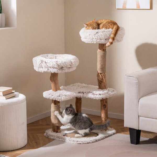 Costway Albero gatti legno massiccio rami naturali 2 appoggi imbottiti tiragraffi tappetino, Albero gatti cuscini peluche rimovibili boho gattini interni 101cm