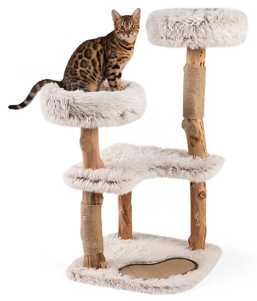 Costway Albero gatti legno massiccio rami naturali 2 appoggi imbottiti tiragraffi tappetino, Albero gatti cuscini peluche rimovibili boho gattini interni 101cm
