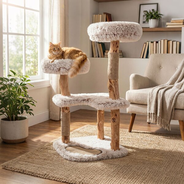 Costway Albero gatti legno massiccio rami naturali 2 appoggi imbottiti tiragraffi tappetino, Albero gatti cuscini peluche rimovibili boho gattini interni 101cm