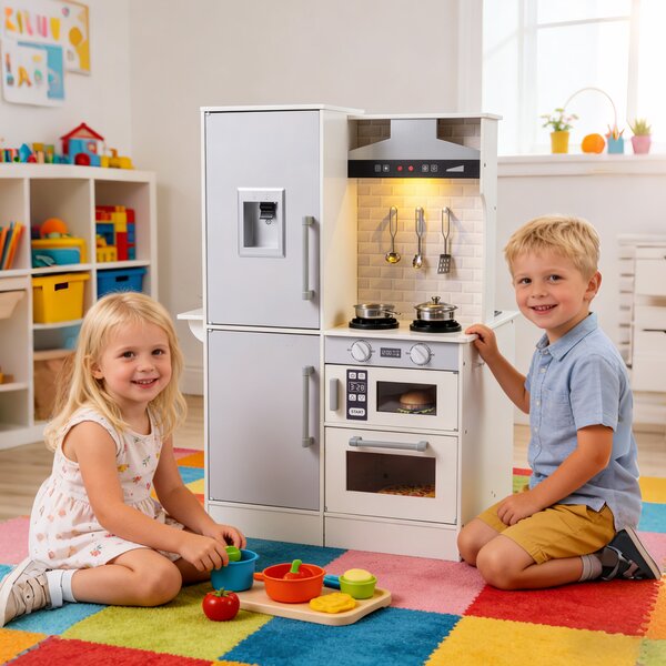 Costway Cucina giocattolo bambini bifacciale legno acqua cappa microonde utensili, Cucina giocattolo luci suoni imitazione bambini 3+ anni Bianco