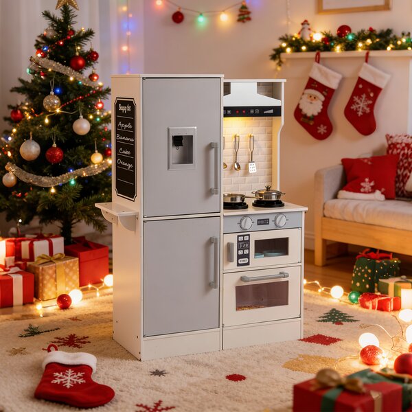 Costway Cucina giocattolo bambini bifacciale legno acqua cappa microonde utensili, Cucina giocattolo luci suoni imitazione bambini 3+ anni Bianco
