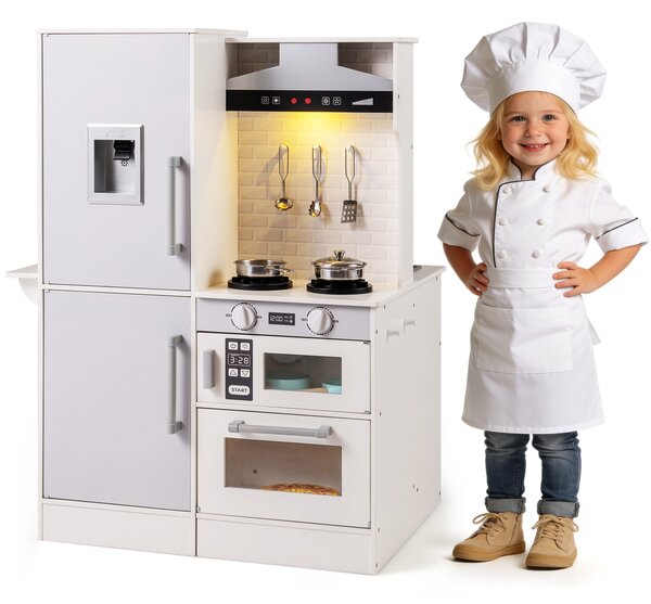 Costway Cucina giocattolo bambini bifacciale legno acqua cappa microonde utensili, Cucina giocattolo luci suoni imitazione bambini 3+ anni Bianco