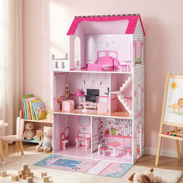 Costway Casa bambole legno 17 pezzi mobili accessori scala racconti immaginativi, Casa bambole villa principessa bambini Rosa