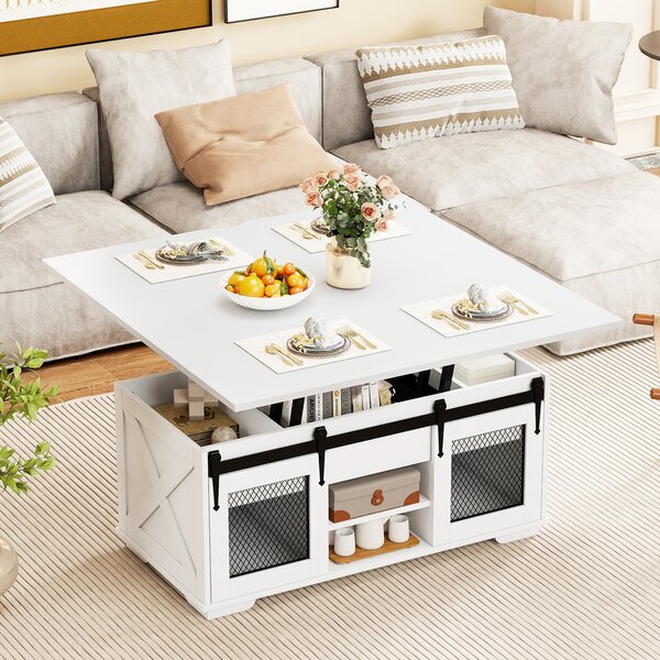 Costway Tavolino caffè piano sollevabile coloniale 2 ante scorrevoli legno fienile, Tavolino 3-in-1 convertibile ripiani aperti 3 scomparti 105cm Bianco