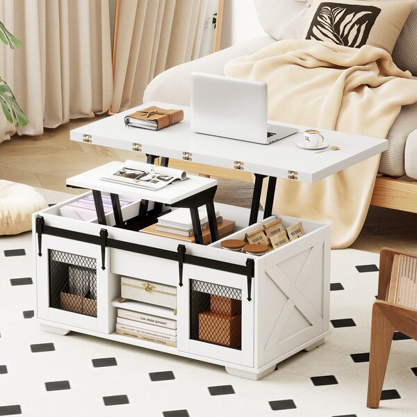 Costway Tavolino caffè piano sollevabile coloniale 2 ante scorrevoli legno fienile, Tavolino 3-in-1 convertibile ripiani aperti 3 scomparti 105cm Bianco