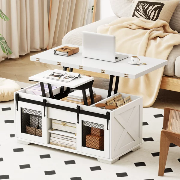 Costway Tavolino caffè piano sollevabile coloniale 2 ante scorrevoli legno fienile, Tavolino 3-in-1 convertibile ripiani aperti 3 scomparti 105cm Bianco
