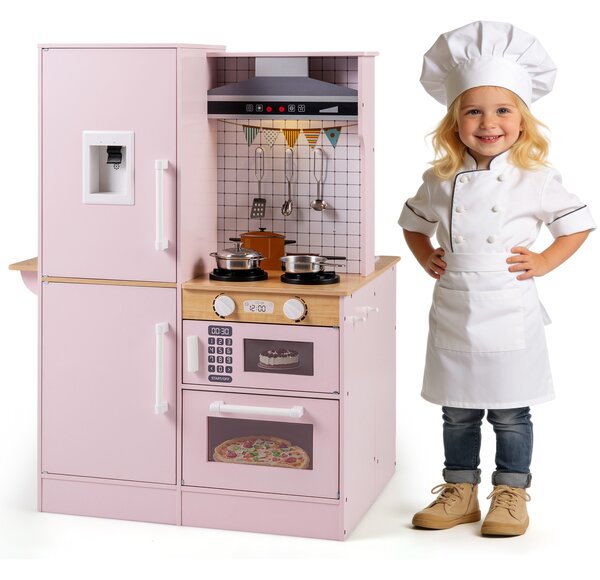 Costway Cucina giocattolo bambini bifacciale legno acqua cappa microonde utensili, Cucina giocattolo luci suoni imitazione bambini 3+ anni Rosa