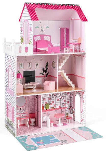 Costway Casa bambole legno 17 pezzi mobili accessori scala racconti immaginativi, Casa bambole villa principessa bambini Rosa