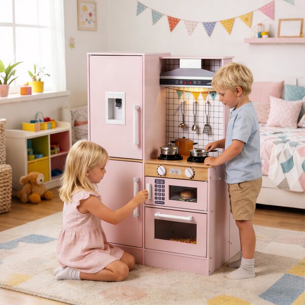 Costway Cucina giocattolo bambini bifacciale legno acqua cappa microonde utensili, Cucina giocattolo luci suoni imitazione bambini 3+ anni Rosa