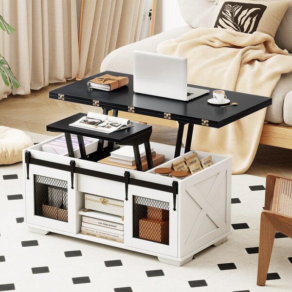 Costway Tavolino caffè piano sollevabile coloniale 2 ante scorrevoli legno fienile, Tavolino 3-in-1 convertibile ripiani aperti 3 scomparti 105cm Nero
