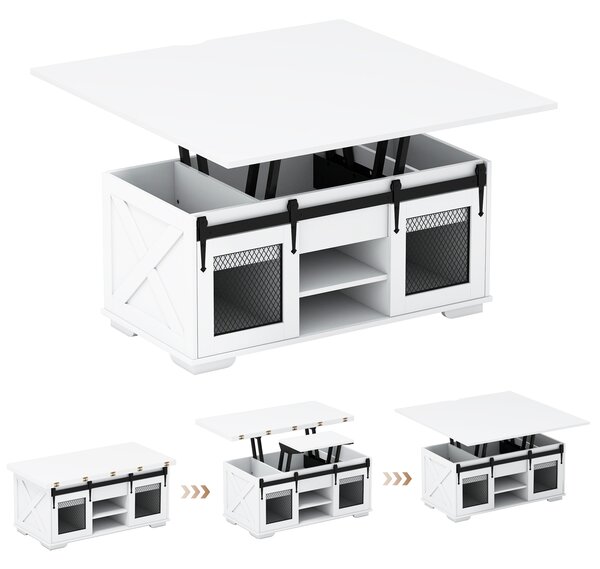 Costway Tavolino caffè piano sollevabile coloniale 2 ante scorrevoli legno fienile, Tavolino 3-in-1 convertibile ripiani aperti 3 scomparti 105cm Bianco