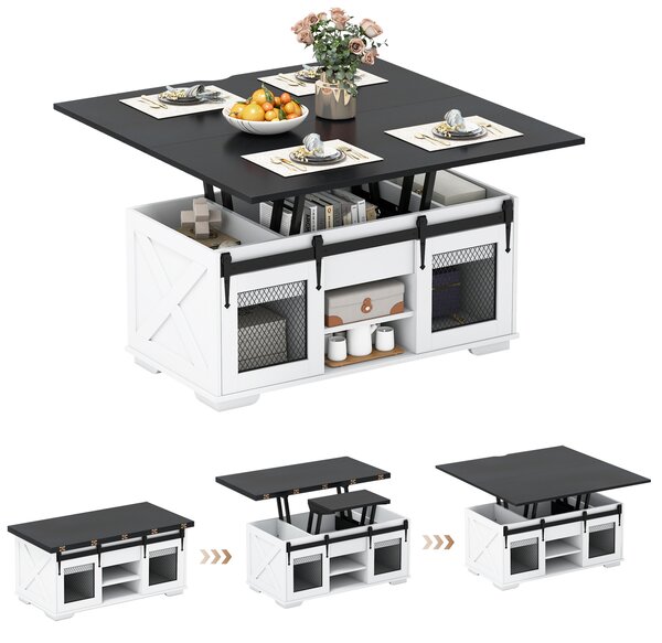 Costway Tavolino caffè piano sollevabile coloniale 2 ante scorrevoli legno fienile, Tavolino 3-in-1 convertibile ripiani aperti 3 scomparti 105cm Nero