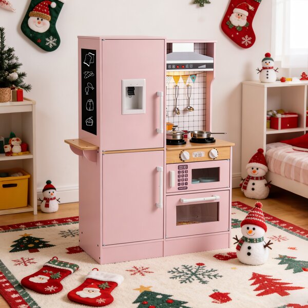 Costway Cucina giocattolo bambini bifacciale legno acqua cappa microonde utensili, Cucina giocattolo luci suoni imitazione bambini 3+ anni Rosa