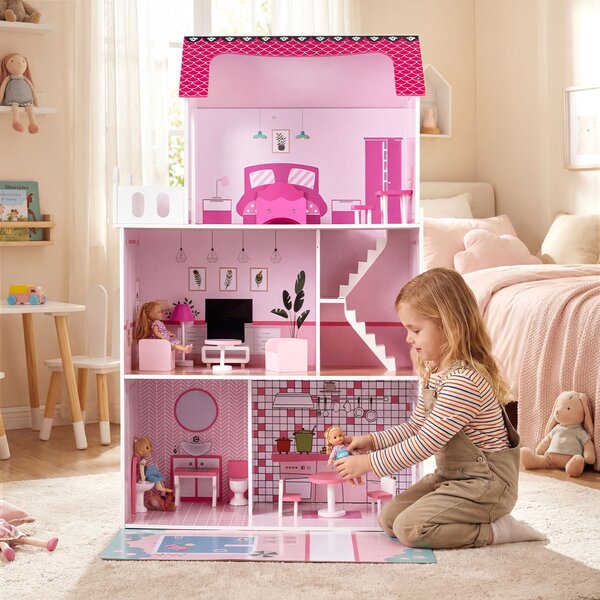 Costway Casa bambole legno 17 pezzi mobili accessori scala racconti immaginativi, Casa bambole villa principessa bambini Rosa