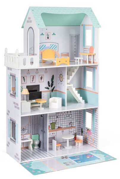Costway Casa bambole legno 17 pezzi mobili accessori scala racconti immaginativi, Casa bambole villa principessa bambini Verde