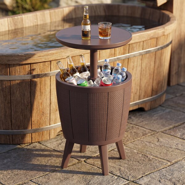 Costway Tavolo bar cocktail esterno raffreddante birra vino 30L piano sollevabile, Tavolino tappo drenaggio resistente intemperie piscina terrazza Marrone
