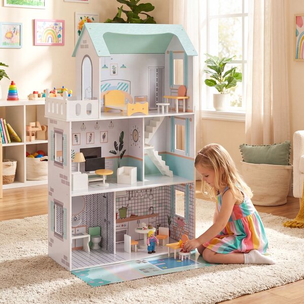Costway Casa bambole legno 17 pezzi mobili accessori scala racconti immaginativi, Casa bambole villa principessa bambini Verde