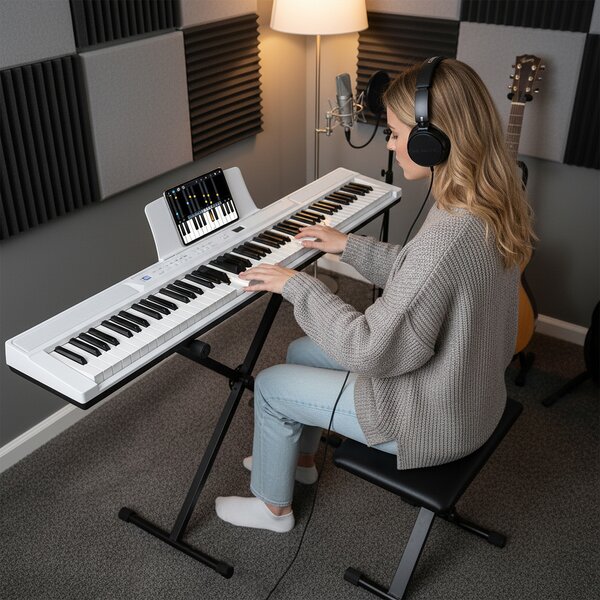 Costway Tastiera pianoforte elettrico 88 tasti digitale supporto sgabello regolabili, Tastiera sensibile tasti pulsanti illuminati funzione midi pedale sustain cuffie Bianco