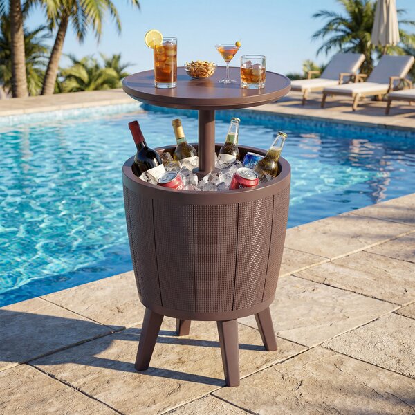 Costway Tavolo bar cocktail esterno raffreddante birra vino 30L piano sollevabile, Tavolino tappo drenaggio resistente intemperie piscina terrazza Marrone