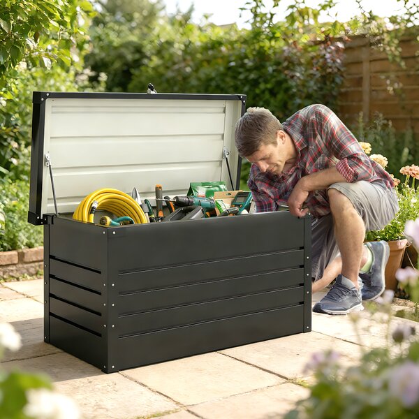 Outsunny Cassone da giardino in metallo 450L cassapanca per cuscini con coperchio doppia parete 120 x 61 x 62 cm impermeabile richiudibile grigio | Aosom Italy