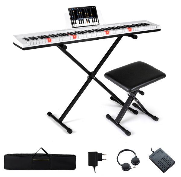 Costway Tastiera pianoforte elettrico 88 tasti digitale supporto sgabello regolabili, Tastiera sensibile tasti pulsanti illuminati funzione midi pedale sustain cuffie Bianco