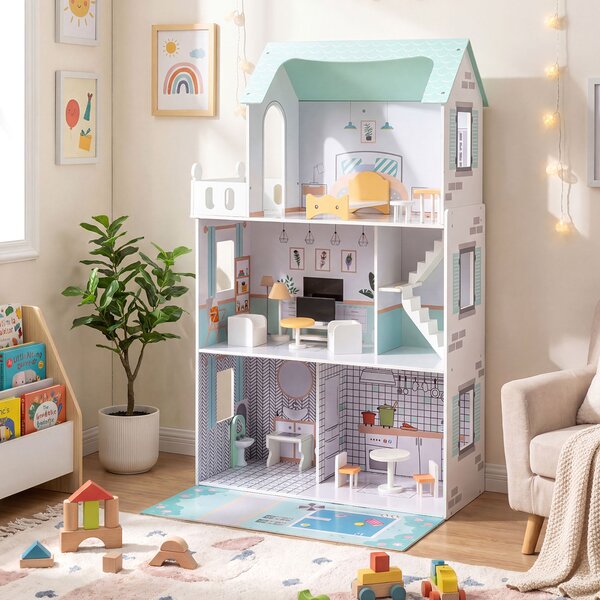 Costway Casa bambole legno 17 pezzi mobili accessori scala racconti immaginativi, Casa bambole villa principessa bambini Verde