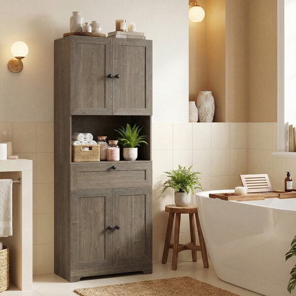 Costway Toeletta mobiletto bagno alto legno 4 ante 1 cassetto vano aperto, Toeletta ripiani regolabili organizer moderno 171,5cm Rovere grigio