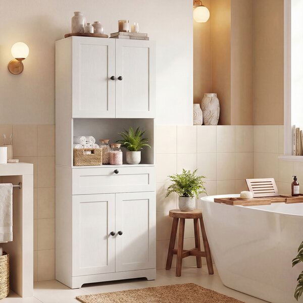Costway Toeletta mobiletto bagno alto legno 4 ante 1 cassetto vano aperto, Toeletta ripiani regolabili organizer moderno 171,5cm Bianco