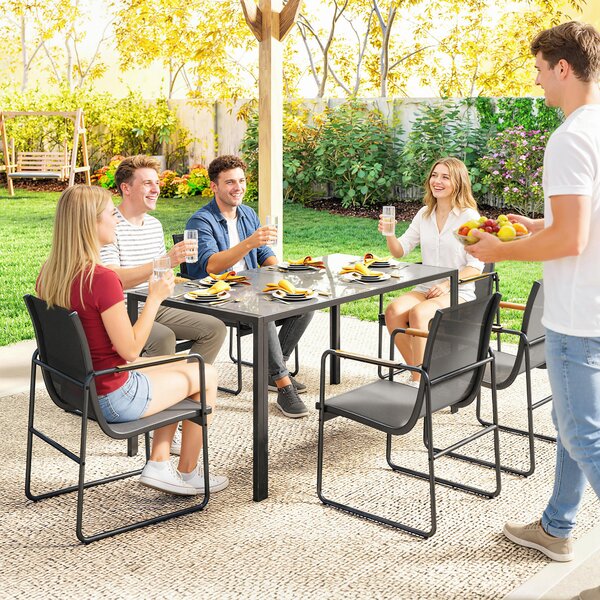Outsunny Set Tavolo e Sedie da Giardino con Piano in Vetro Temperato e 6 Sedie Traspiranti per Terrazza/Patio Grigio | Aosom Italy