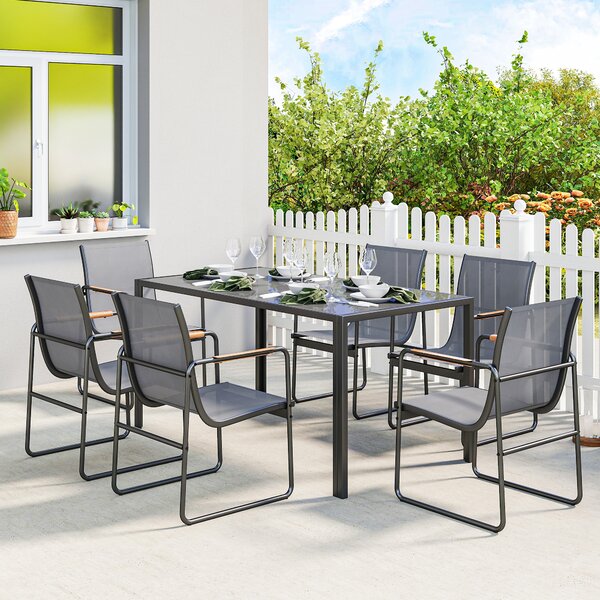 Outsunny Set Tavolo e Sedie da Giardino con Piano in Vetro Temperato e 6 Sedie Traspiranti per Terrazza/Patio Grigio | Aosom Italy