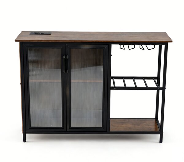 Costway Mobiletto bar vino prese corrente luci led portabottiglie portabicchieri, Mobile bar terra caffè credenza buffet liquori cucina sala pranzo soggiorno