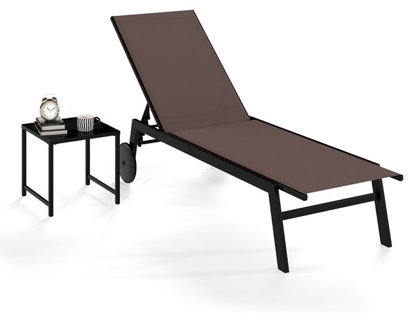 Costway Tavolino rotondo esterno piano vetro temperato foro ombrellone 4,2 cm, Tavolino struttura metallica robusta caffè giardino cortile piscina Marrone