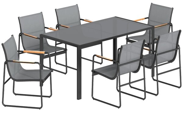 Outsunny Set Tavolo e Sedie da Giardino con Piano in Vetro Temperato e 6 Sedie Traspiranti per Terrazza/Patio Grigio | Aosom Italy