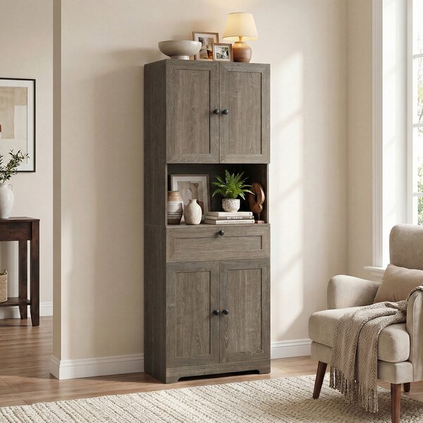 Costway Toeletta mobiletto bagno alto legno 4 ante 1 cassetto vano aperto, Toeletta ripiani regolabili organizer moderno 171,5cm Rovere grigio