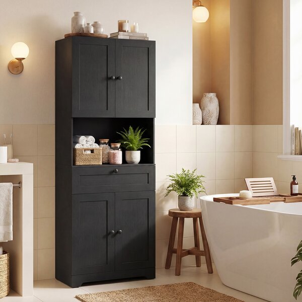 Costway Toeletta mobiletto bagno alto legno 4 ante 1 cassetto vano aperto, Toeletta ripiani regolabili organizer moderno 171,5cm Nero