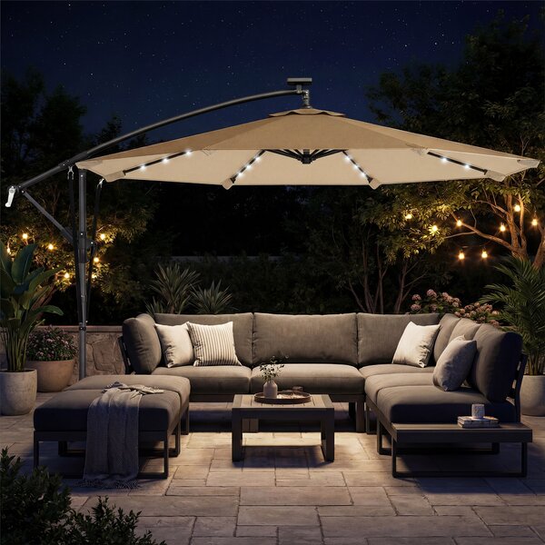 Ombrellone da Giardino Decentrato 330x295x245 cm con LED Solari in Metallo e Poliestere Cachi