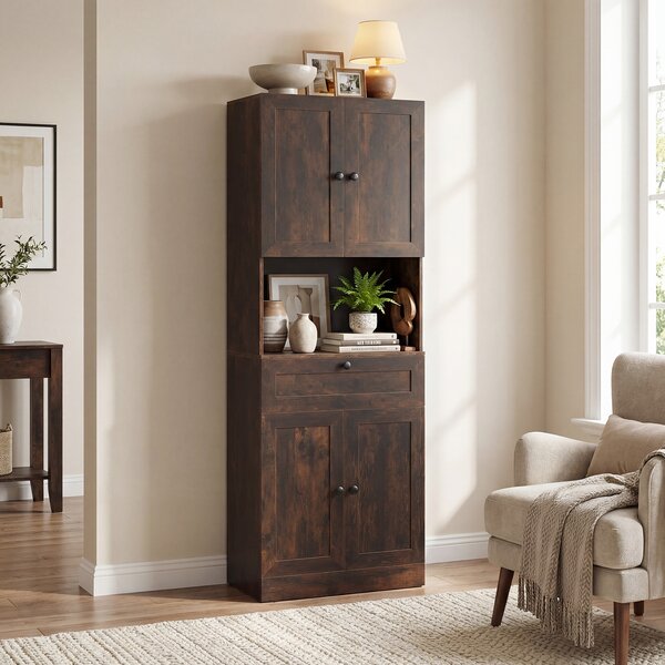 Costway Toeletta mobiletto bagno alto legno 4 ante 1 cassetto vano aperto, Toeletta ripiani regolabili organizer moderno 171,5cm Marrone rustico