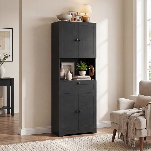 Costway Toeletta mobiletto bagno alto legno 4 ante 1 cassetto vano aperto, Toeletta ripiani regolabili organizer moderno 171,5cm Nero