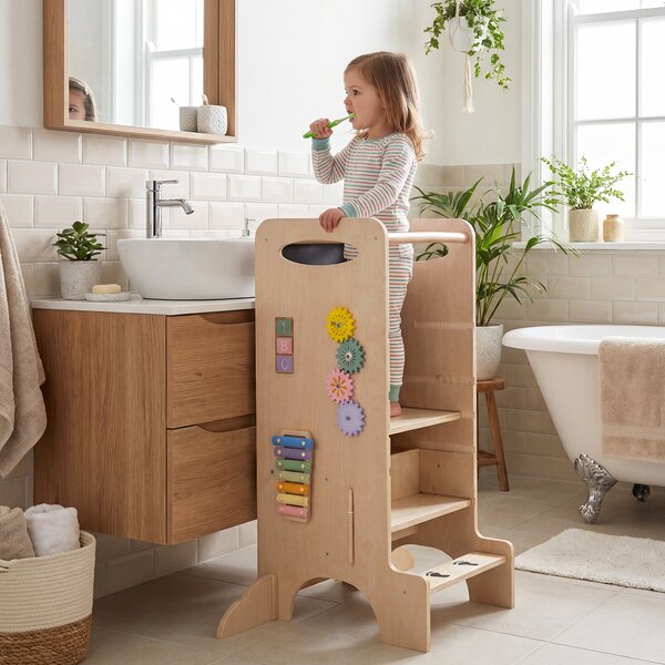 Costway Torre legno bambini sgabello cucina 3 altezze regolabili lavagna rimovibile, Torre giochi montessori impronte corrimano sicurezza piedini antiribaltamento