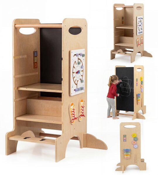 Costway Torre legno bambini sgabello cucina 3 altezze regolabili lavagna rimovibile, Torre giochi montessori impronte corrimano sicurezza piedini antiribaltamento